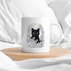 Black cat mug, celestial mug, halloween mug, custom designed mug cottage core