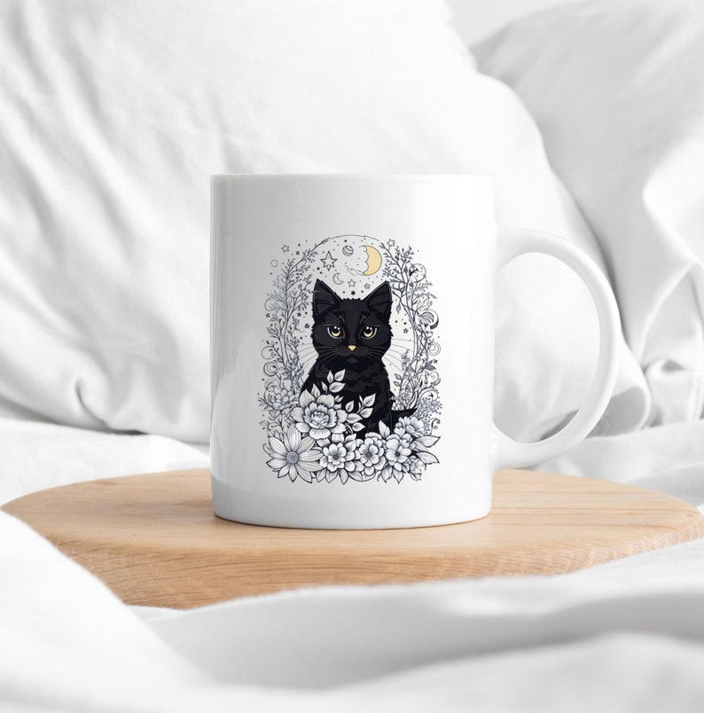 Black cat mug, celestial mug, halloween mug, custom designed mug cottage core