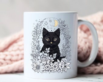 Black Cat Mug, Halloween Mug, Cottagecore Mug, Cat lover Mug, Cat Lady Mug, Spooky Season, Whimsy Goth Mug, Witch Mug, Ceramic Coffee, 11oz