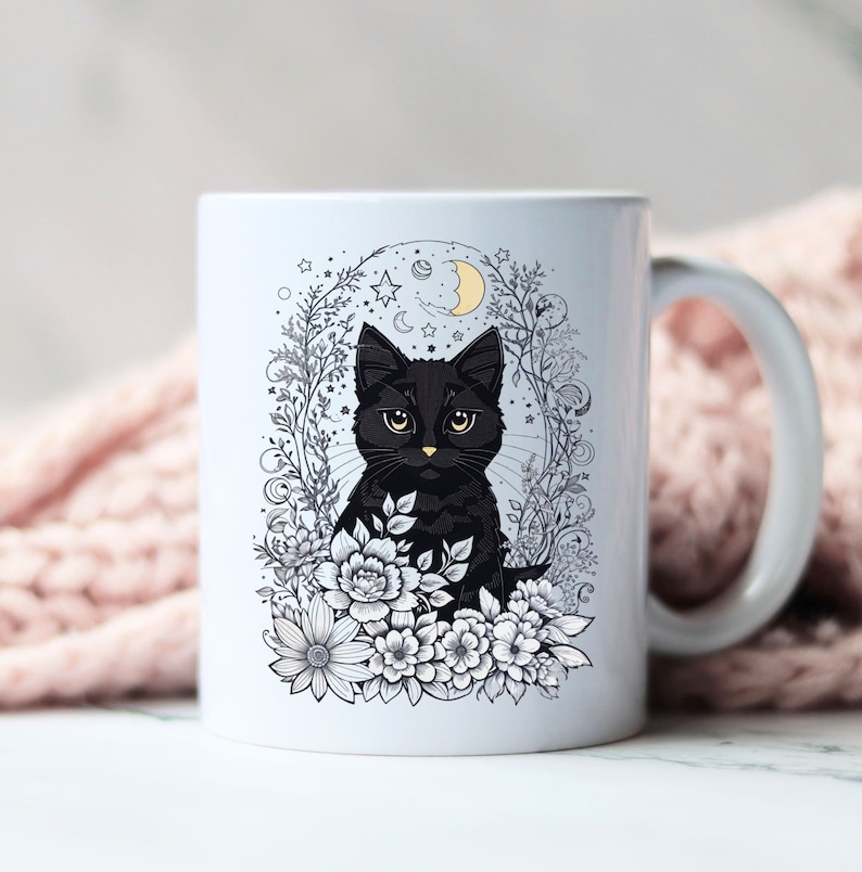 Black cat mug, celestial mug, halloween mug, custom designed mug cottage core