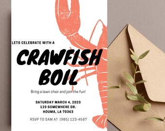 May include: White invitation card with a coral crawfish illustration and black text that reads "CRAWFISH BOIL." Includes event details: date, address, and RSVP information. Accompanied by a brown envelope with greenery.