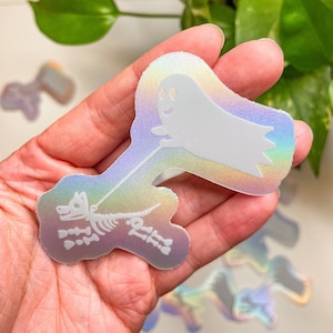Holographic Ghost Walking Skeleton Dog Sticker: Spooky Halloween Dog Mom Gift