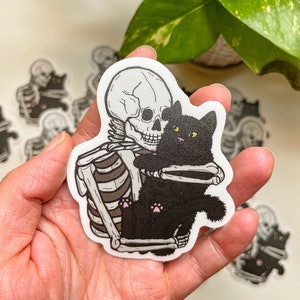 Skeleton Hugging Kitty Original Artwork Sticker for Halloween Lover Cat Mom Black Cat Lover Waterproof Water Bottle Sticker Spooky Kitty