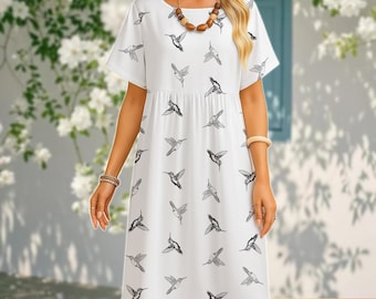 Vestido de colibrí con vuelo, minimalista, corte A, holgado, manga corta, informal, regalo para ella.