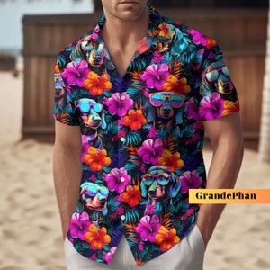Dachshund Hawaiian Shirt, Flower Dachshund Shirt, Funny Hawaiian Shirt For Man, Dachshund Shirt For Men, Dachshund Gift, Button Up Shir