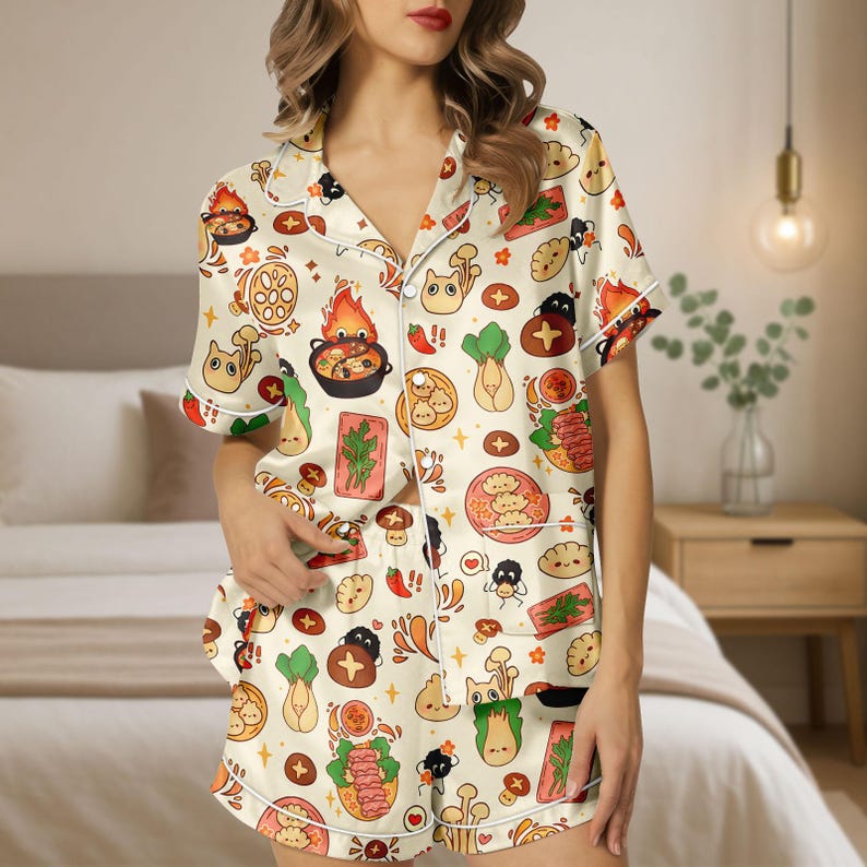 Ghibli Anime Short Satin Pjs Set, Cute Calcifer Satin Pajamas, Howl ...