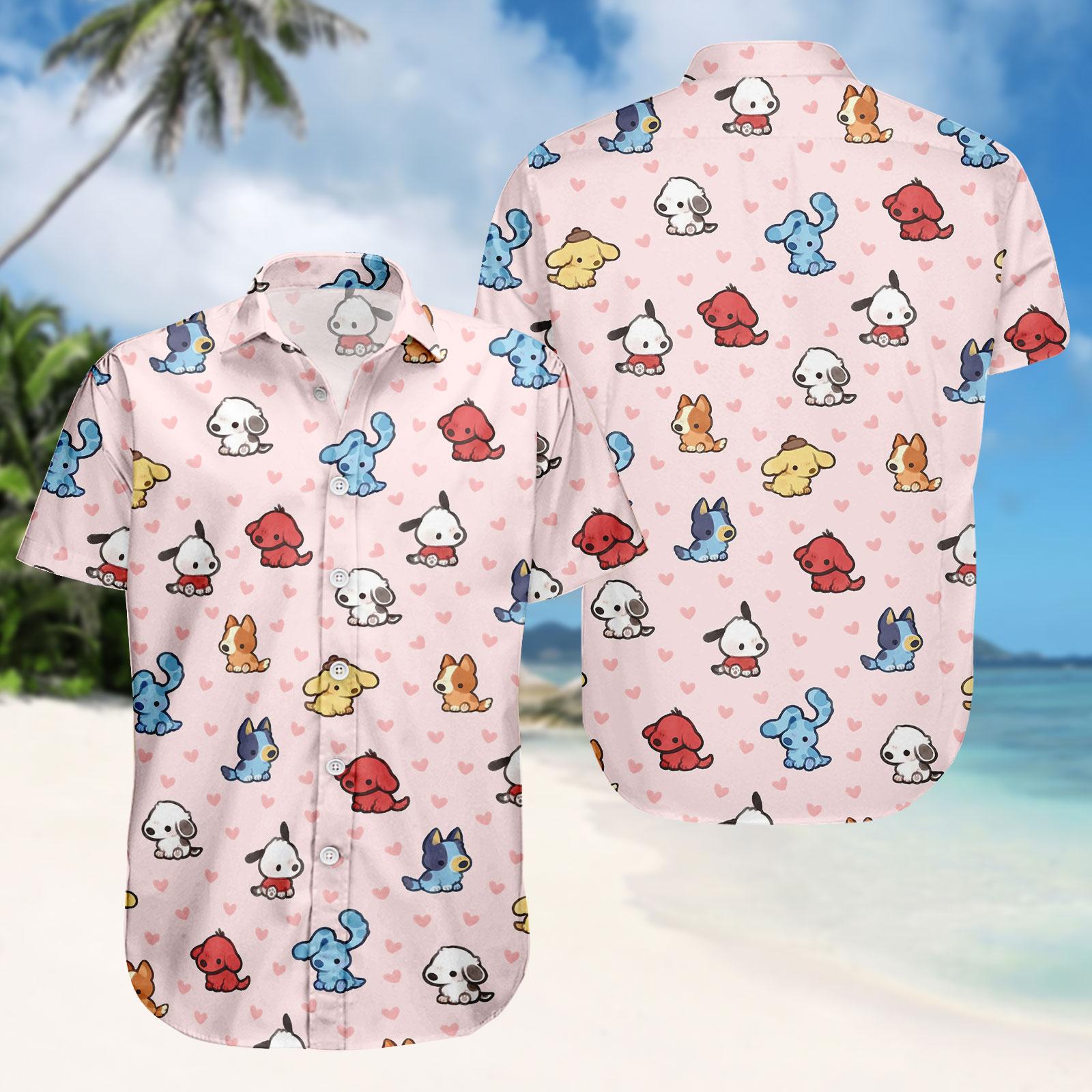 Discover Cute Dog Print Hawaiian Shirt, Cartoon Puppy Swim Shorts, Adorable Button Shirt, Beach Vacation Outfit, Gift For Him