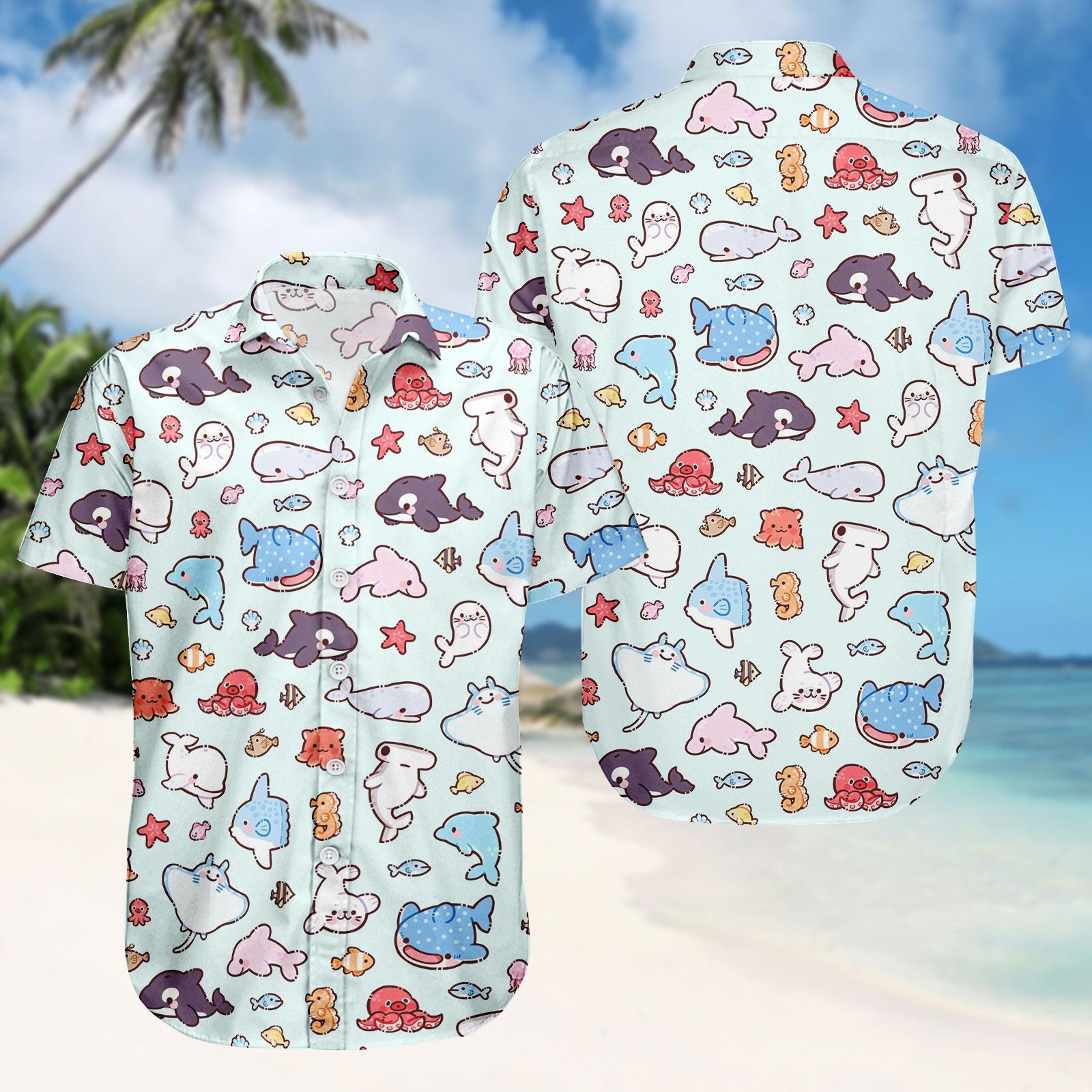 Discover Ocean Creatures Hawaiian Shirt, Kawaii Button Shirt, Cartoon Men Shorts, Beach Outfit, Gift For Him