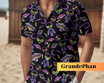 Alien Neon Button Shirt, Alien Men Button Shirt, Ufo Alien Shirt