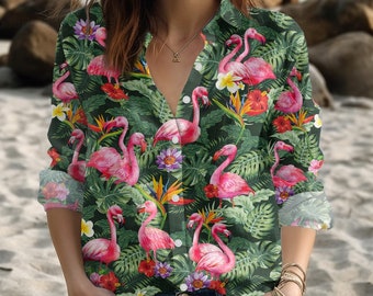 Flamingo Shirt, Flamingo Linen Shirt, Pink Flamingo Shirt, Animal Lover Shirt, Linen Blouse, Summer Shirt, Flamingo Gift For Her