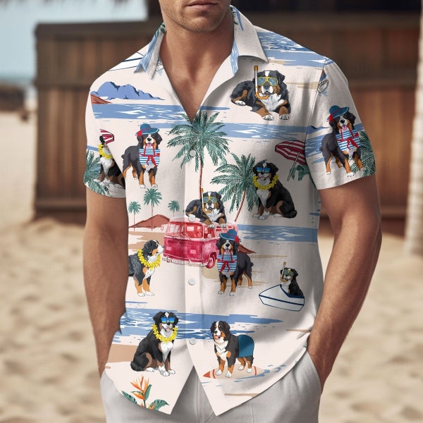 Bernese Mountain Hawaiian Shirt, Bernese Shirt, Button Up Shirt, Bernese Mountain Shirt, Vacation Shirt, Short Sleeve Shirt, Party Summer
