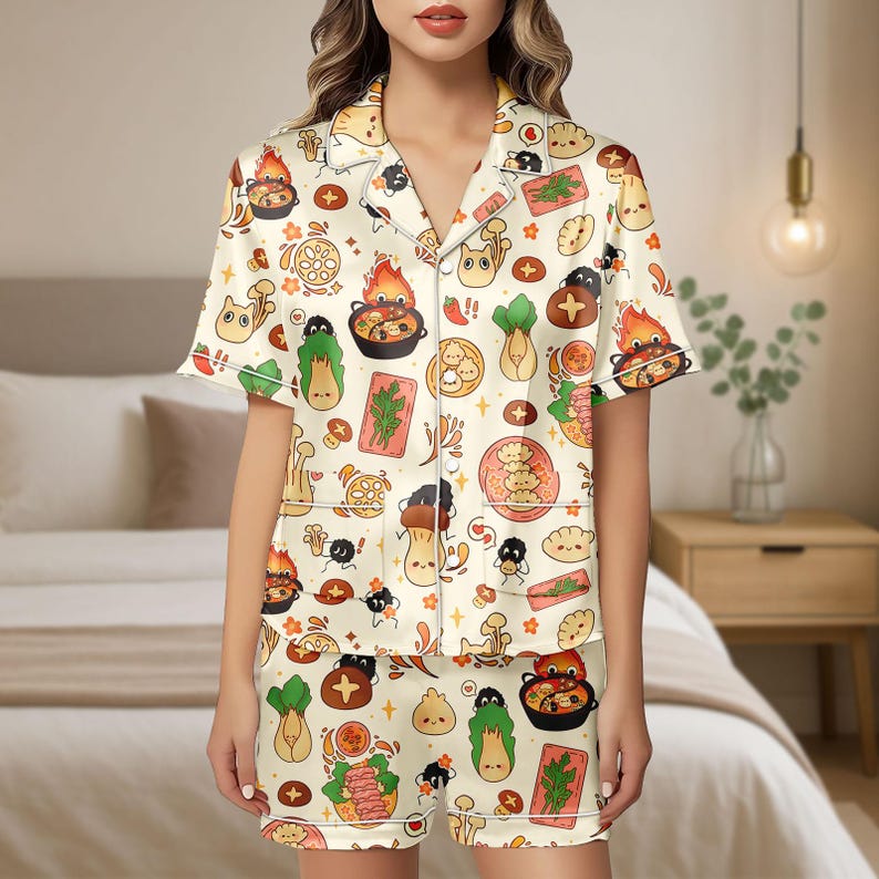 Ghibli Anime Short Satin Pjs Set, Cute Calcifer Satin Pajamas, Howl ...