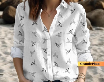 Hummingbird Shirt, Hummingbird Linen Shirt, Womens Clothing, Linen Blouse, Shirt For Women, Hummingbird Linen, Blouse Women Shirt