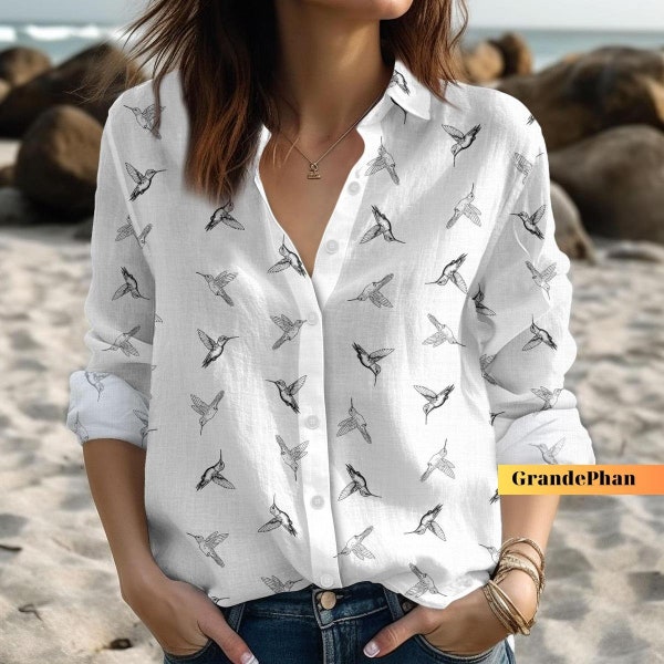 Hummingbird Shirt, Hummingbird Linen Shirt, Womens Clothing, Linen Blouse, Shirt For Women, Hummingbird Linen, Blouse Women Shirt