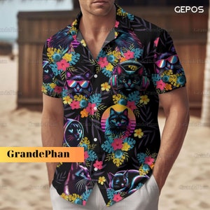 Black Cat Button Shirt, Hawaiian All Over Print Shirt, Cat Button Up Shirt, Button Shirt Men, Cat Lover Shirt, Cat Shirt, Cat Graphic Shirt
