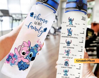 Stitch And Angel Water Bottle, Stitch Drink Bottle, Disney Stitch Bottle, Motivational Bottle, Lilo And Stich, Stich 32oz Water Bottle