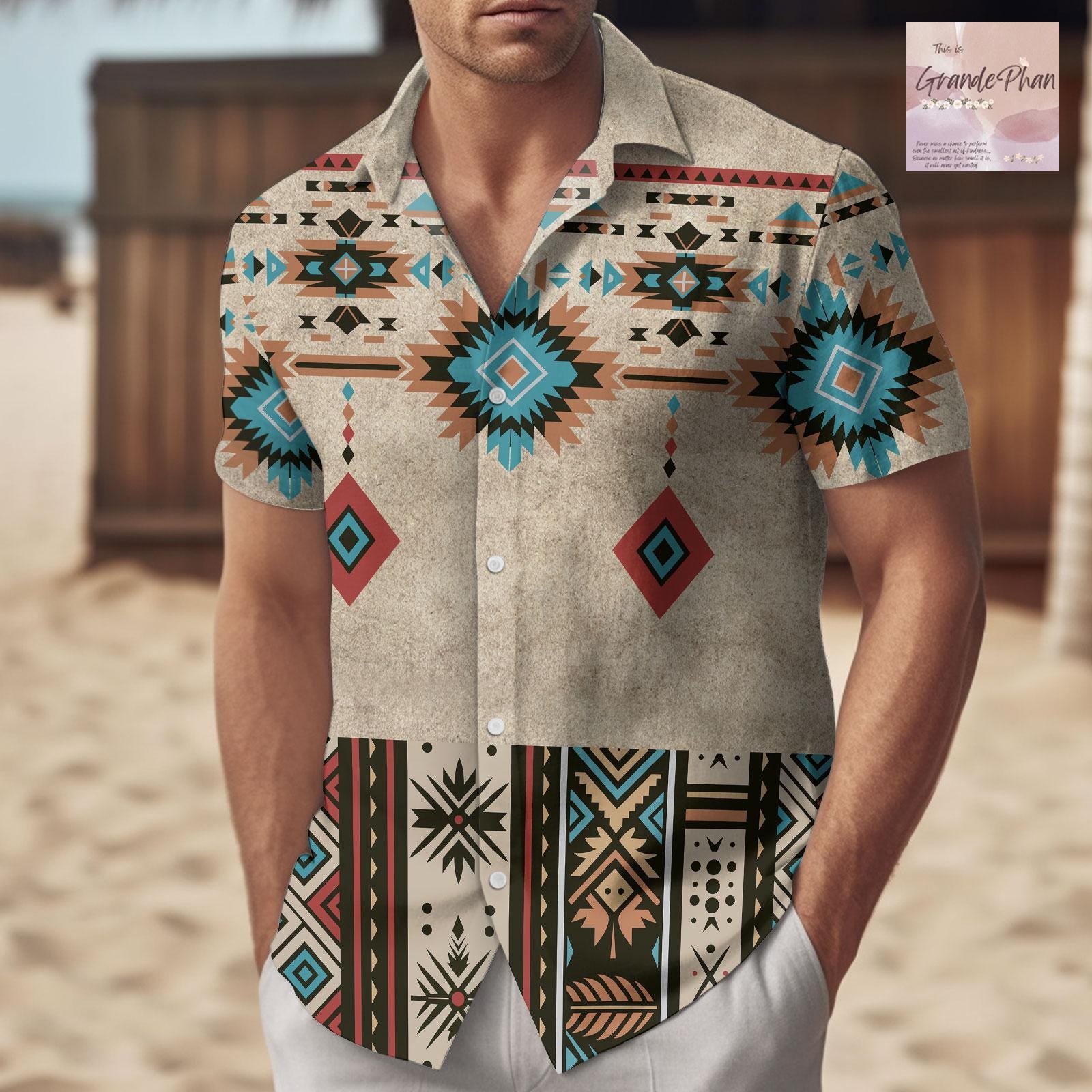 トップス vintage tribal open collar dress shirt Rockmount Men's Vintage Tooling Coral & Turquoise