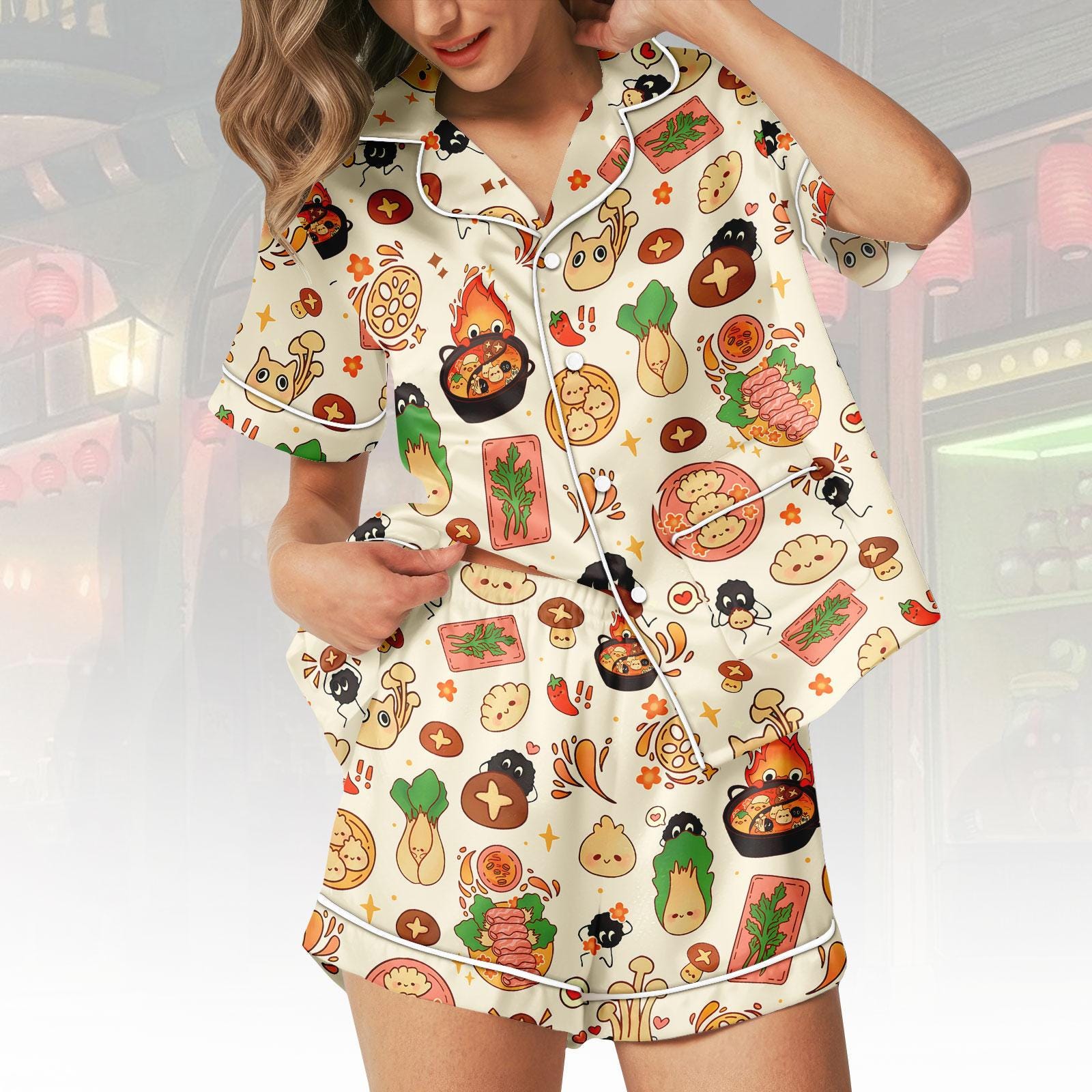 Ghibli Anime Short Satin Pjs Set, Cute Calcifer Satin Pajamas, Howl ...
