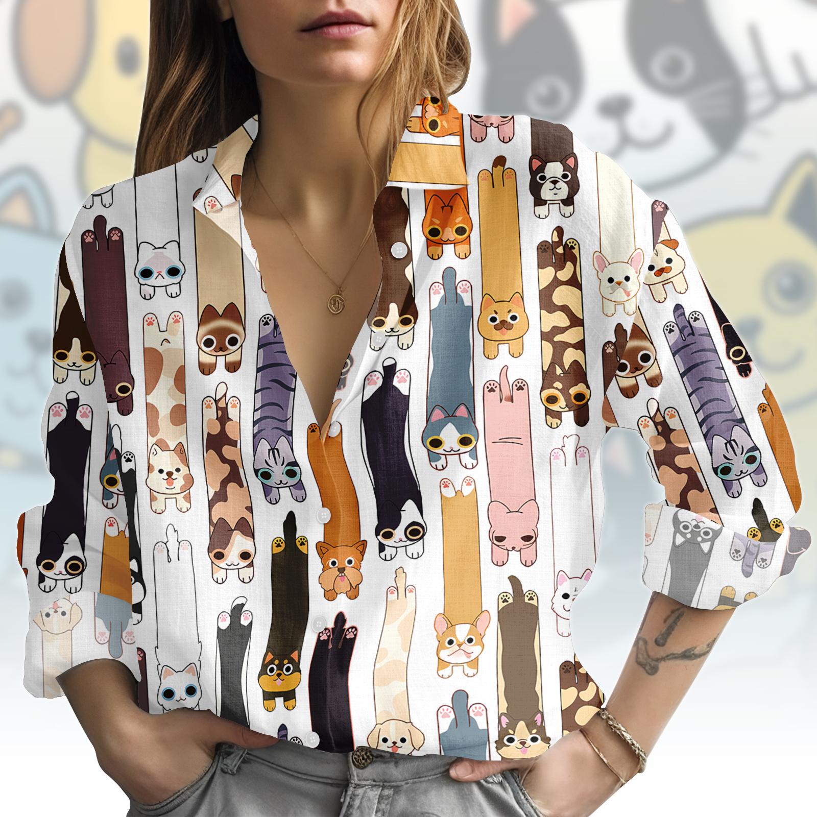 Discover Cats & Dogs Pattern Blouse Shirt, Cute Cartoon Button Women Shirt, Kitty And Puppy Button Blouse, Women Blouse Top, Gift for Pet Lovers
