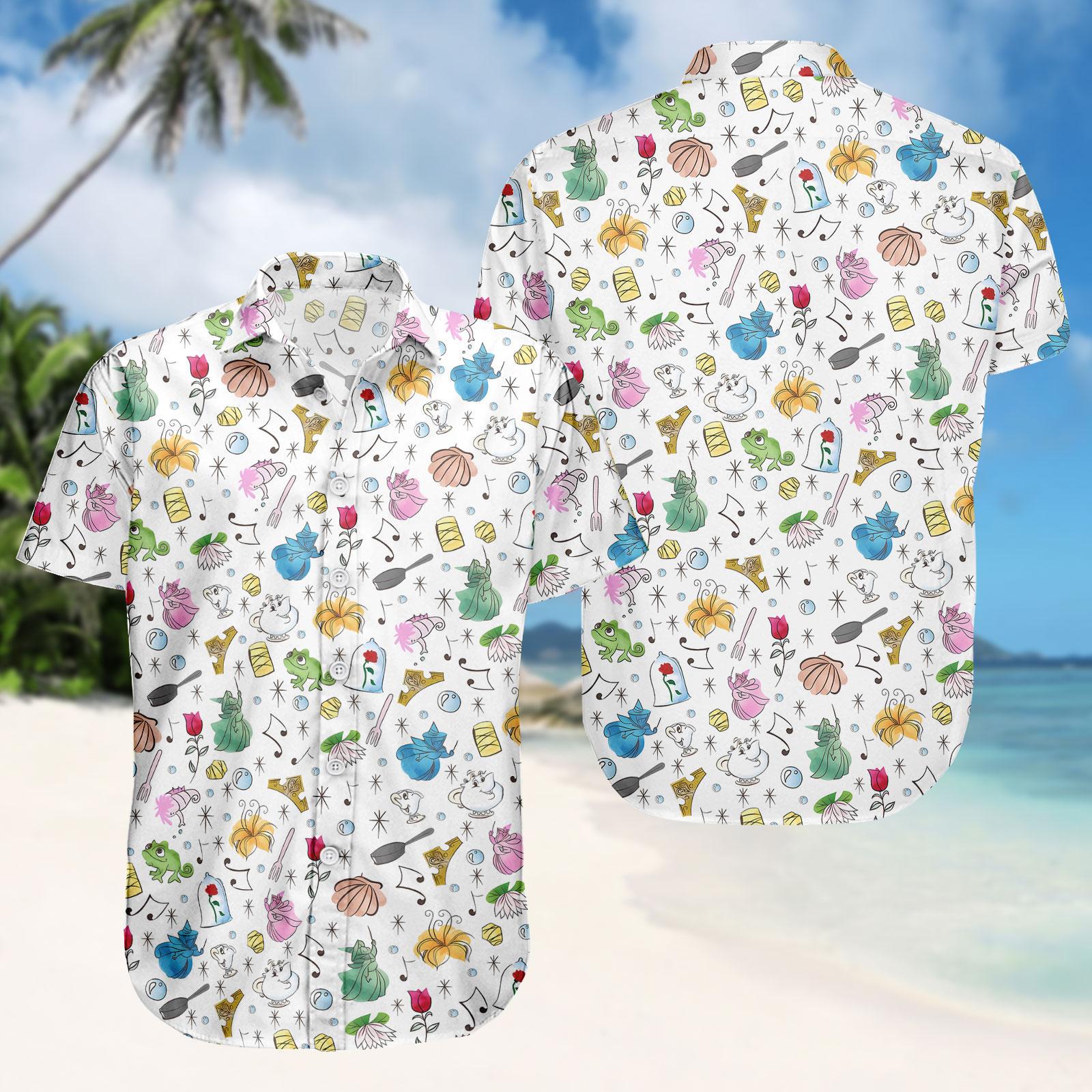 Discover Disney Castle Hawaiian Shirt, Beauty and the Beast Swim Shorts, Belle Button Shirt, Summer Outfit, Gift For Fans