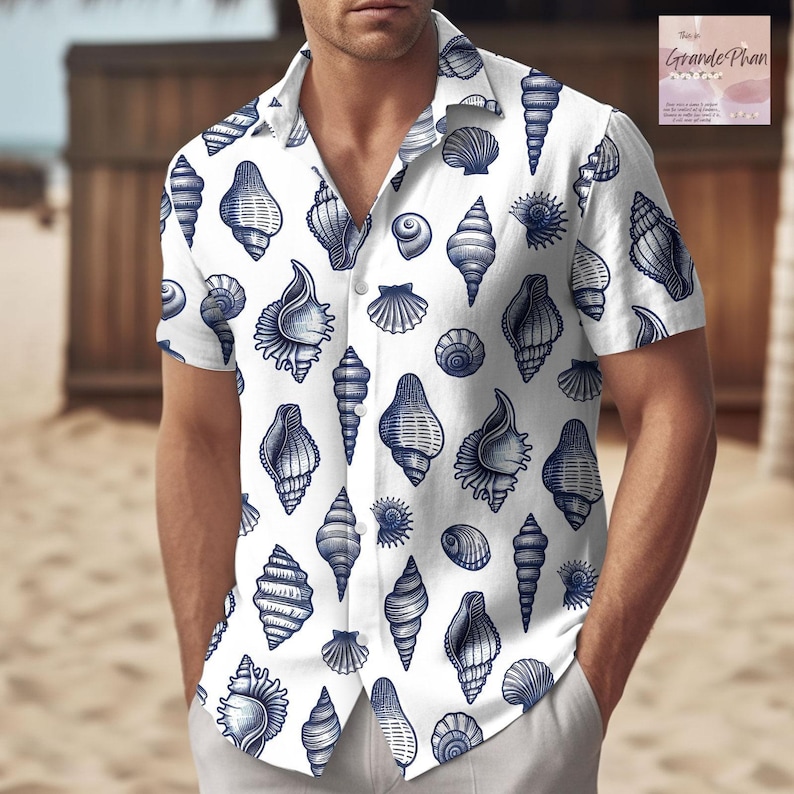 Seashells Button Up Shirt, Hawaiian Shirt, Aloha Shirt, Beach Shirt, Summer Vacation Outfit, Ocean Theme Shirt, Coastal Shirt