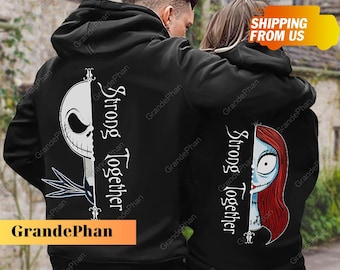Moletom com capuz para casal Jack e Sally, camiseta de casal Jack e Sally para o Halloween, moletom para ele e para ela, moletons combinando para casal, camiseta de casal da Disney