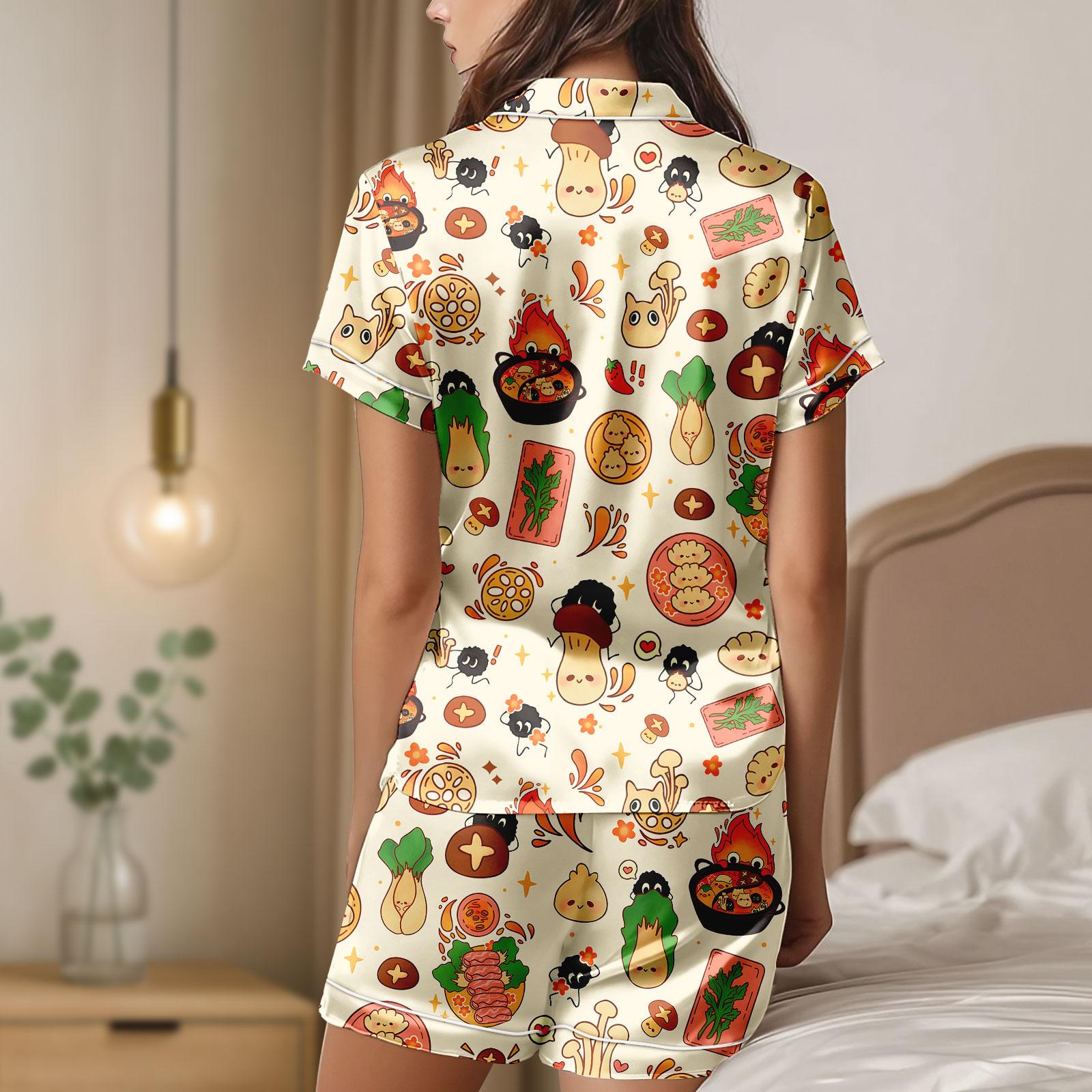 Ghibli Anime Short Satin Pjs Set, Cute Calcifer Satin Pajamas, Howl ...