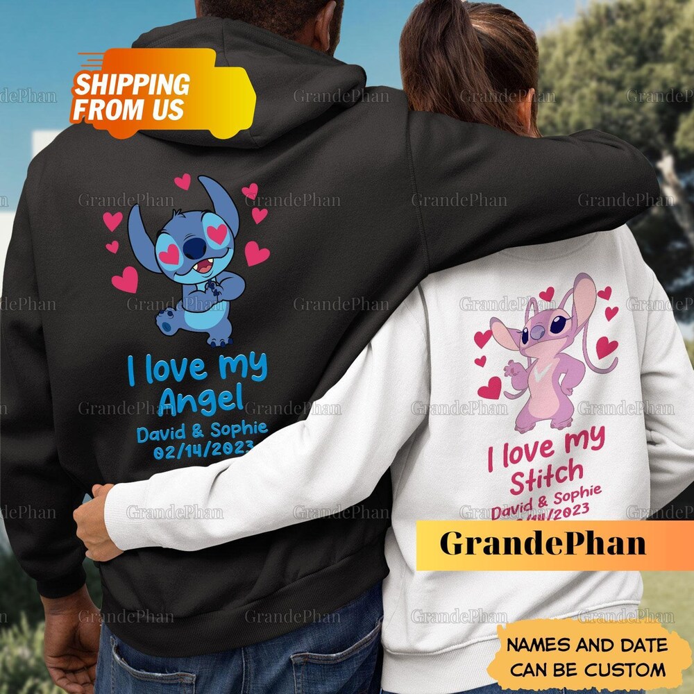 Stitch And Angel Couple Hoodies, Custom Stitch Couple Shirts, Couples Matching Hoodie, Stitch And Angel Sweatshirt, Customized Hoodie Teeplaza Design