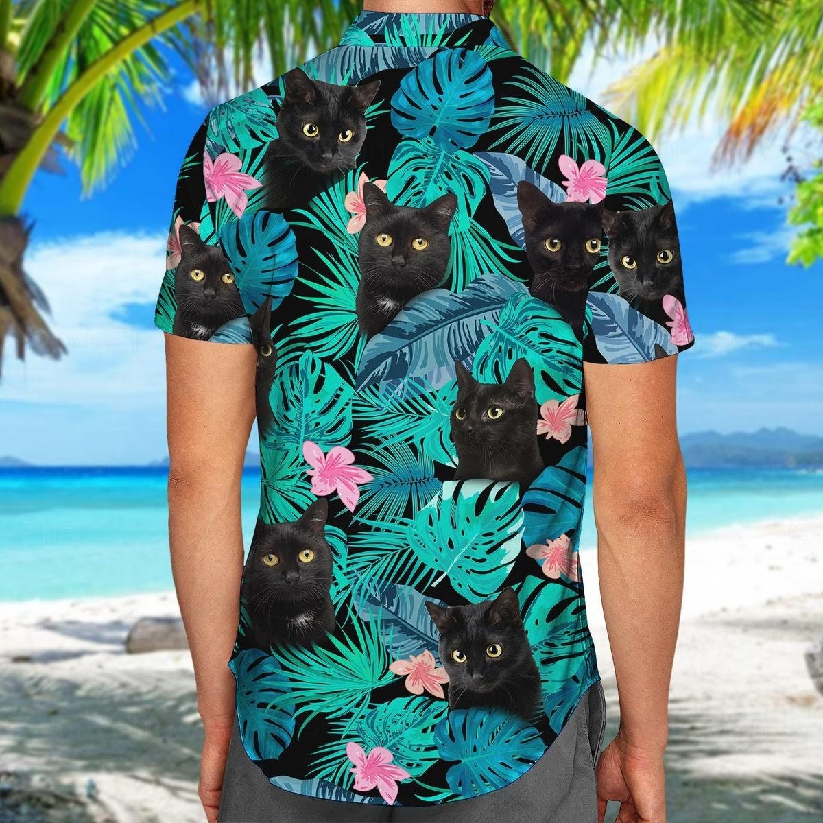 Black Cat Hawaiian Shirt, Cat Button up Shirt, Funny Black Cat Shirt