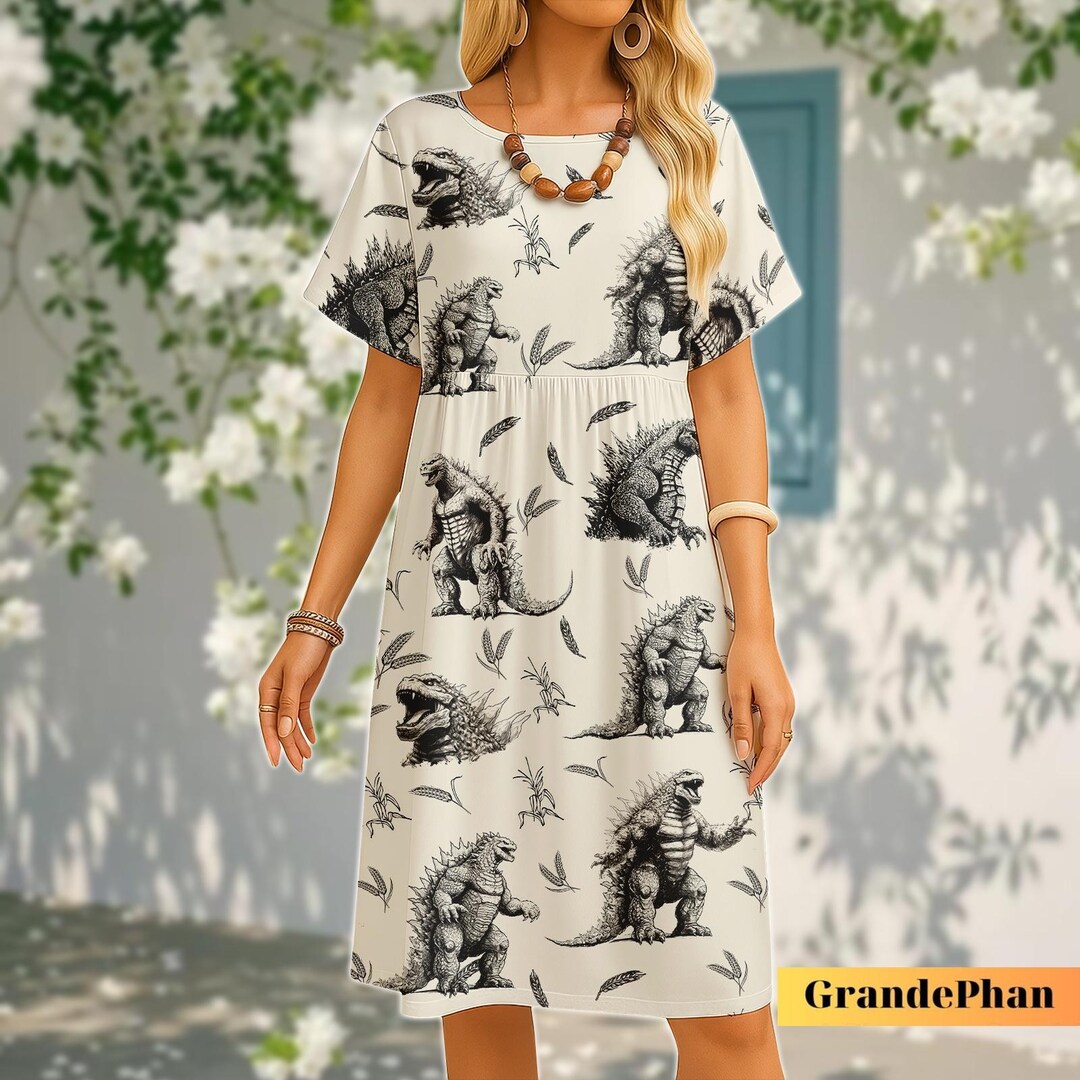 Godzilla Swing Dress, Movie Flowy Dress, A-line Dress, Round Neck Dress ...