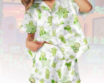 Cute Green Smiski Short Satin PJs Set, Smiski Lover Satin PJm, Green Figure Short Pajama Set, Adorable Satin Pyjama, Gift for Simiski F