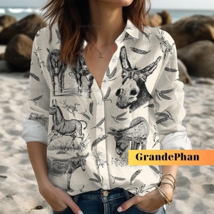 Chemisier âne, chemise âne en lin, chemise amoureux des ânes, chemise ânesse boutonnée, chemise âne ferme, chemisier âne en lin femme
