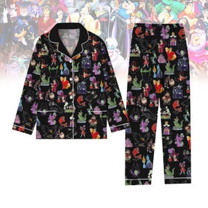 Conjunto de pijamas dos personagens vilões da Disney, calças de pijama da Malévola, camisa da Cruella, camisa da Úrsula, pijamas da Disneyworld, pijamas da família