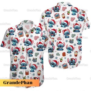 Camisa con botones de Navidad de Stitch, Camisa con botones de Stitch para hombre, Camisa hawaiana de Stitch, Camisa con botones de Stitch, Camisa navideña de Disney para la familia