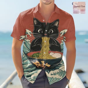 Black Cat Button Shirt, Black Cat Gifts for Men, Button Up Shirt, Black Cat Merch, Gifts for Her, Cat Lover Outfit, Black Cat Shirt Gif