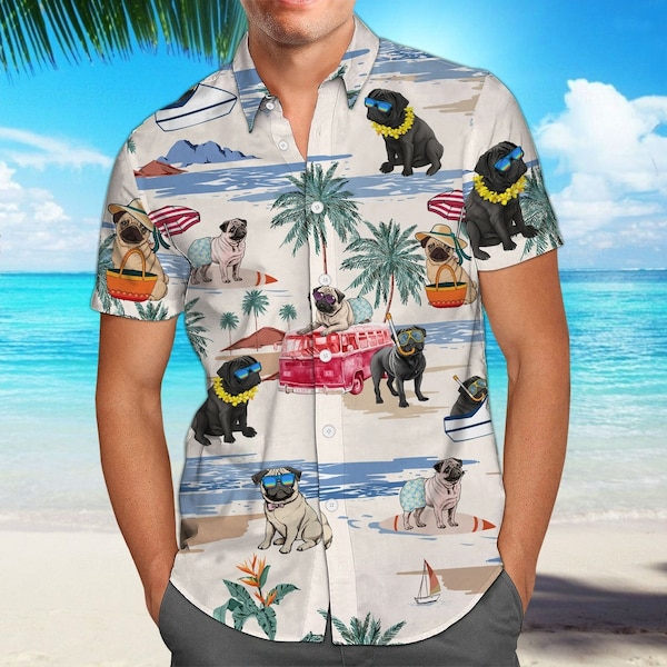 Mops Shirt, Mops Sommer Hawaiihemd, Mops Button Up Shirt, Hund Hawaiihemd Frauen Männer, Mops-Liebhaber-Shirt, Junggesellenabschied-Shirt