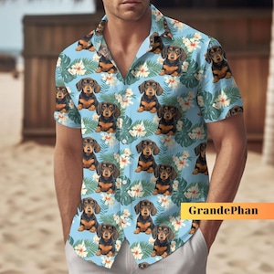 Dachshund Hawaiian Shirt, Dachshund Hawaiian Flower Shirt, Wiener Dog Shirt, Button Up Shirt, Aloha Hawaii Shirt, Funny Dachshund Shirt