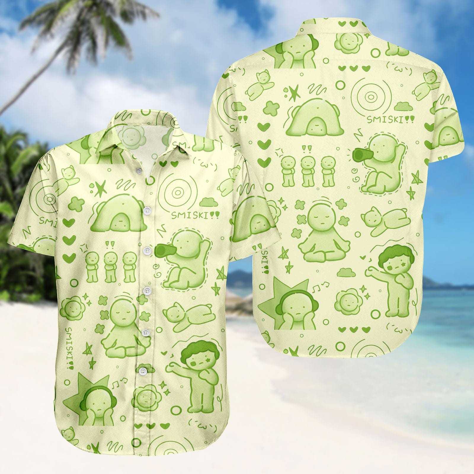 Discover Smiski Hawaiian Shirt, Cartoon Button Shirt, Cute Men Shorts, Vacation Outfit, Gift For Fans