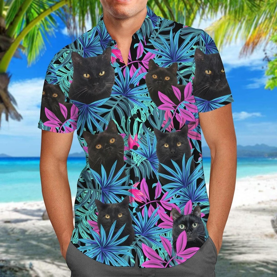 Black Cat Hawaiian Shirt Cat Flower Shirt Black Cat Button Etsy