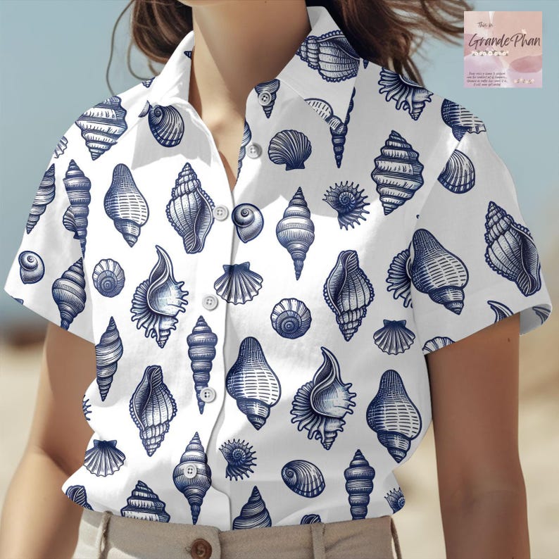 Seashells Button Up Shirt, Hawaiian Shirt, Aloha Shirt, Beach Shirt, Summer Vacation Outfit, Ocean Theme Shirt, Coastal Shirt