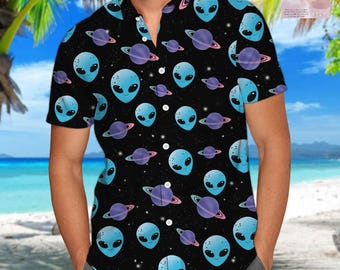 Men's Hawaiian Shirt – Short Sleeve Aloha Shirt With Fun Alien Print, Quick-Dry & Lightweight For Summer - View #3