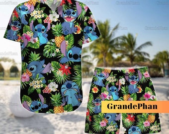 May include: A black and blue Hawaiian shirt and matching swim trunks feature a repeating pattern of Stitch from Lilo & Stitch, tropical flowers, and pineapples. The text "GrandePhan" is printed on the swim trunks.