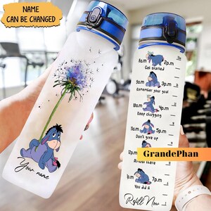 Dandelion Eeyore Water Tracker Bottle, Personalizowana butelka Eeyore, Butelka Kubusia Puchatka, Butelka na wodę Pooh, Butelka motywacyjna