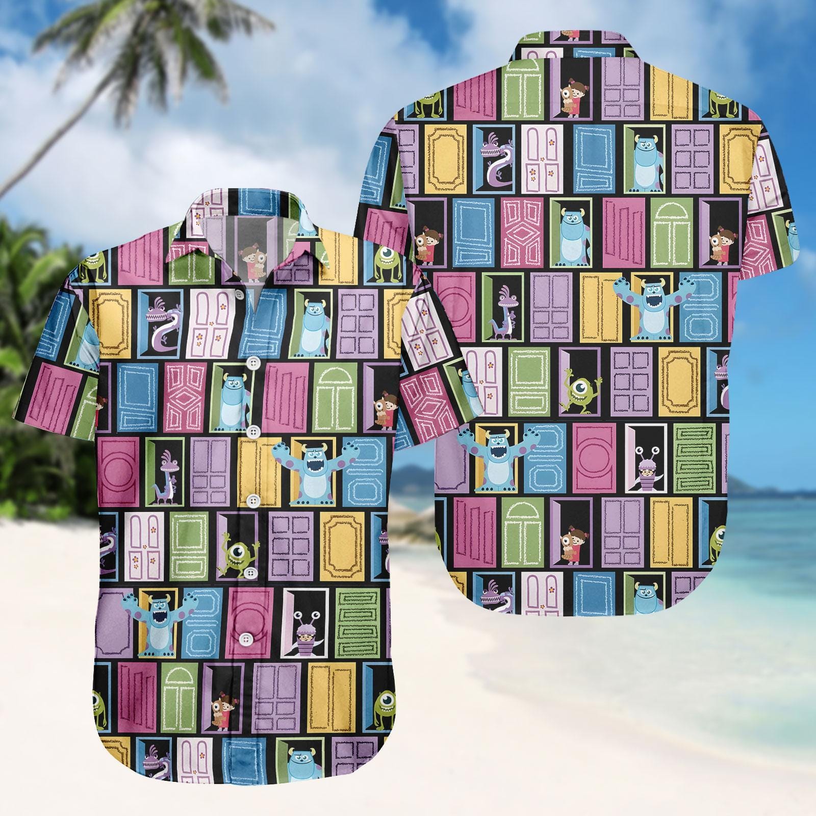 Discover Monsters Inc Hawaiian Shirt, Cartoon Swim Shorts, Monster Button Shirt, Fun Vacation Outfit, Gift For Fans