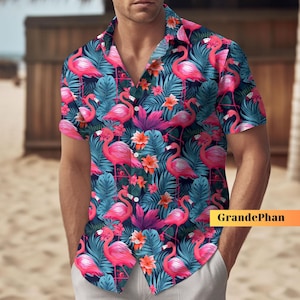 Flamingo Hawaiian Shirt, Button Up Shirt, Floral Flamingo Shirt, Flamingo Button Shirt, Flamingo Shirt Men, Womens Flamingo Shirt