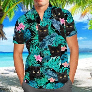 黒猫ボタンシャツ、猫シャツ、猫ボタンアップシャツ、花猫トロピカルシャツ、猫パパシャツ、家族旅行シャツ、ハネムーンシャツ