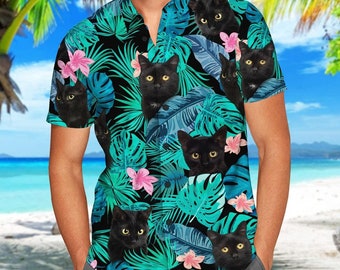 Black Cat Shirt, Cat Hawaiian Shirt, Cat Button Up Shirt, Funny Cat Shirt, Cat Dad Shirt, Floral Summer Shirt, Honeymoon Shirt