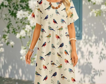 Aquarel vogel swing jurk, a-lijn jurk dames, jurk met korte mouwen, jurk met ronde hals, lentesfeer, cadeau voor haar