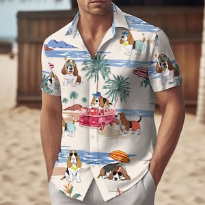 Basset Hound Button Shirt, Basset Hound Shirt, Button Up Shirt, Dog Hawaiian Shirt, Basset Hound Gift, Button Shirt Women/Men, Family Travel