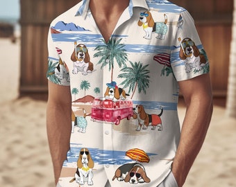 Basset Hound Knopf Shirt, Basset Hound Shirt, Button Up Shirt, Hund Hawaii-Hemd, Basset Hound Geschenk, Button Shirt Frauen / Männer, Familien Reisen